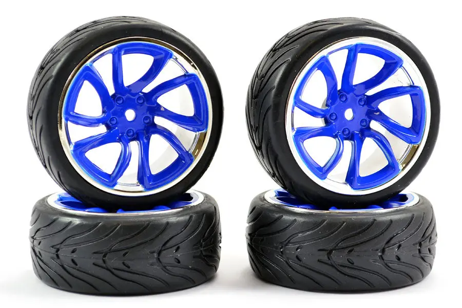 1/10Th On Road Street/Tread Tyres Blue/Chrome Wheels - Set Of 4 1