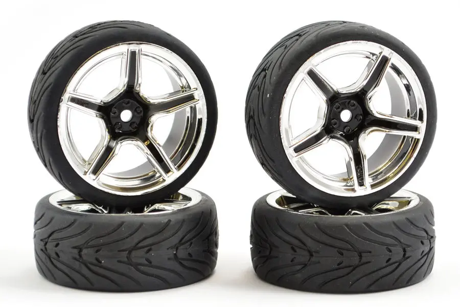 1/10Th On Road Street/Tread Tyre 5Sp Black/Chrome Wheels - Set Of 4 1